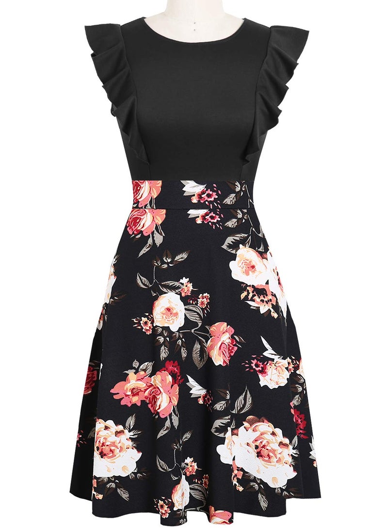 YATHON Women's Vintage Ruffle Floral Flared A Line Swing Casual Cocktail Party Dresses (XL, YT001-Red Floral P2) - Image 2